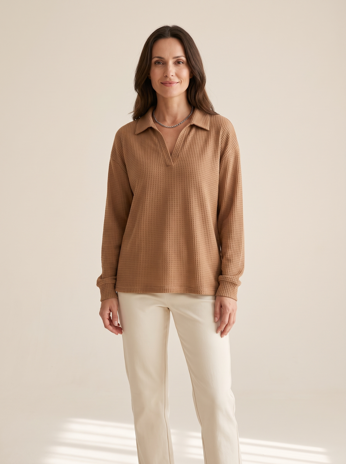 Apolline | Pull en Maille Gaufrée à Col V - Camel