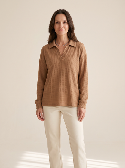 Apolline | Pull en Maille Gaufrée à Col V - Camel