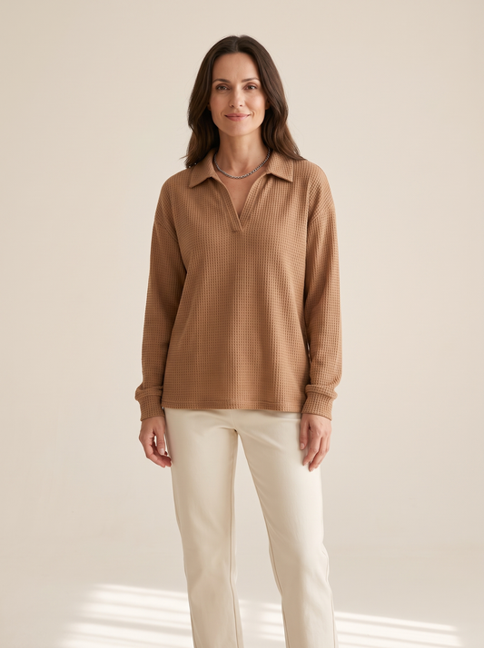 Apolline | Pull en Maille Gaufrée à Col V - Camel