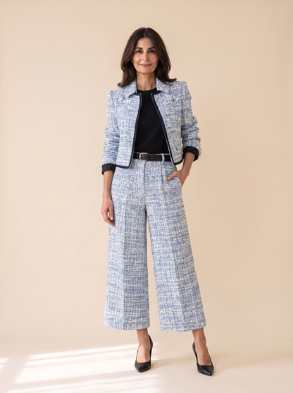 Armelle | Ensemble Veste et Pantalon Large Effet Tweed - Bleu