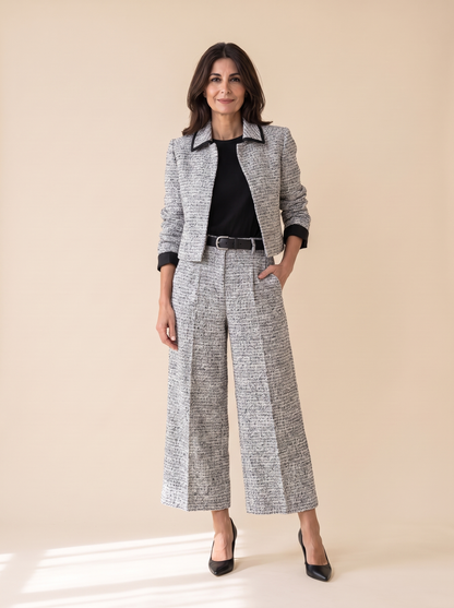 Armelle | Ensemble Veste et Pantalon Large Effet Tweed - Gris