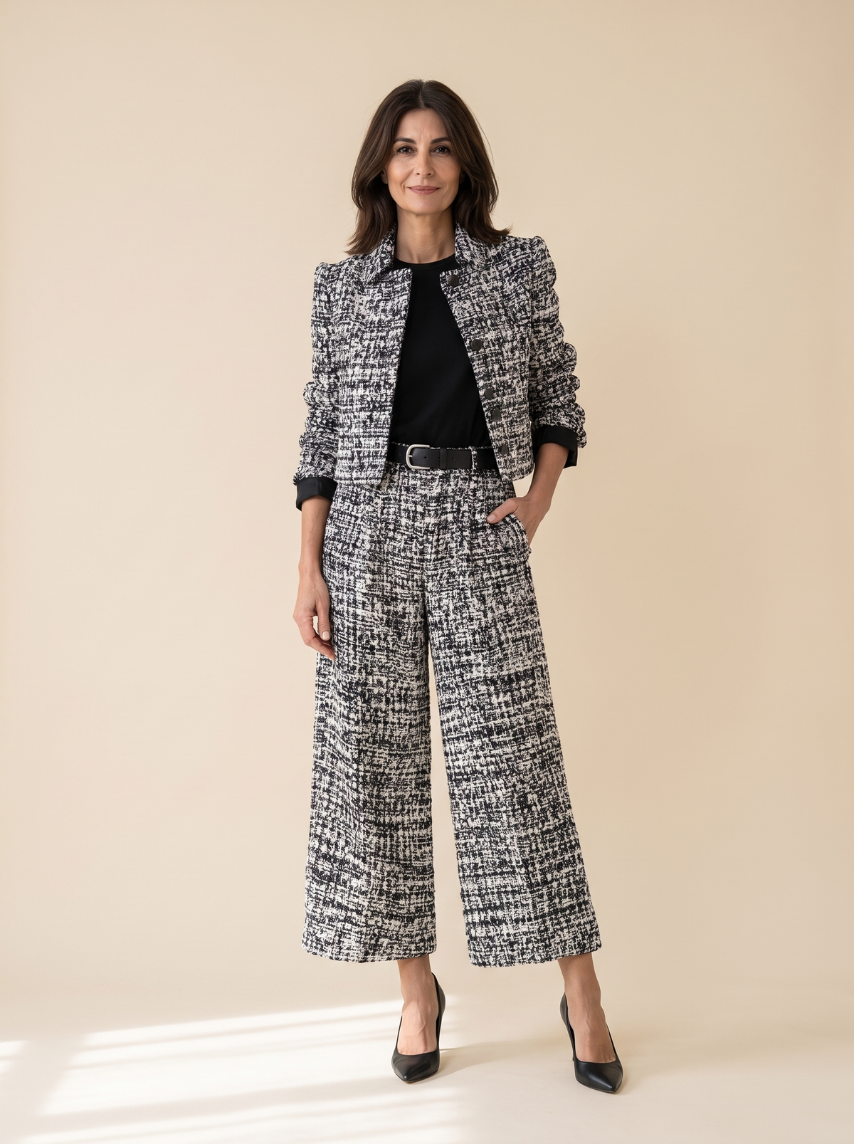 Armelle | Ensemble Veste et Pantalon Large Effet Tweed - Noir