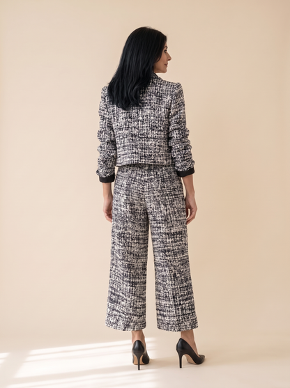 Armelle | Ensemble Veste et Pantalon Large Effet Tweed - Noir, vue de dos