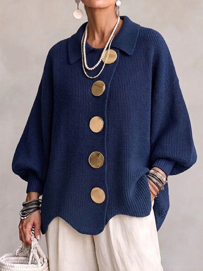 Béatrice | Cardigan Oversize à Gros Boutons Dorés - Bleu marine
