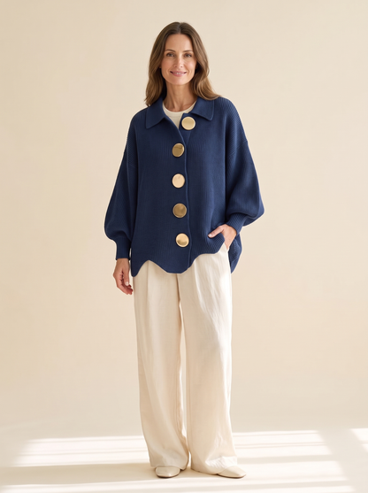 Béatrice | Cardigan Oversize à Gros Boutons Dorés - Bleu marine