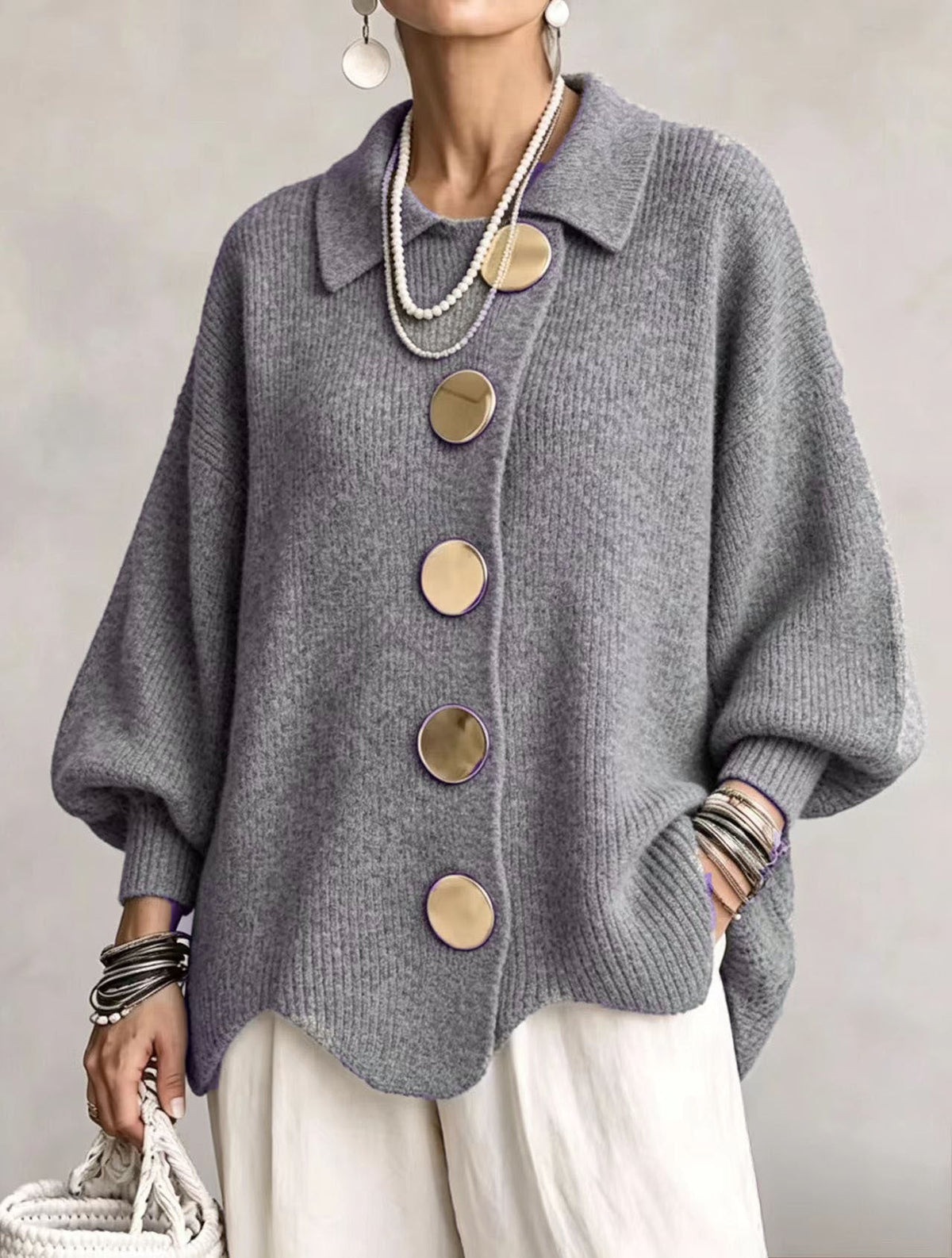 Béatrice | Cardigan Oversize à Gros Boutons Dorés - Gris