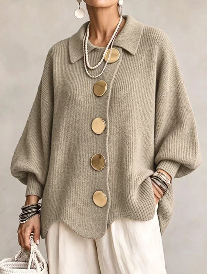 Béatrice | Cardigan Oversize à Gros Boutons Dorés - Kaki