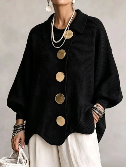 Béatrice | Cardigan Oversize à Gros Boutons Dorés - Noir