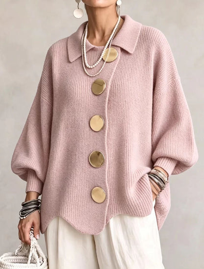 Béatrice | Cardigan Oversize à Gros Boutons Dorés - Rose pâle