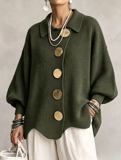 Béatrice | Cardigan Oversize à Gros Boutons Dorés - Vert olive