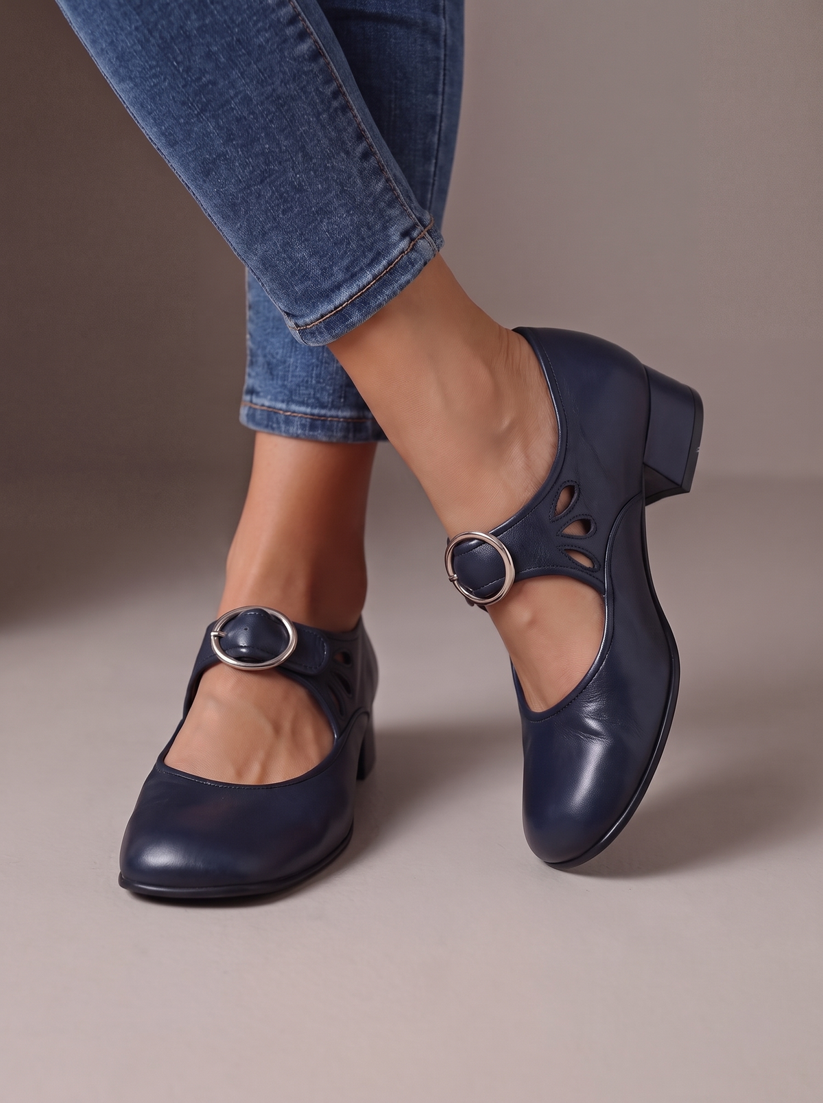 Clarisse | Babies à Talon Bloc Effet Cuir - Bleu marine