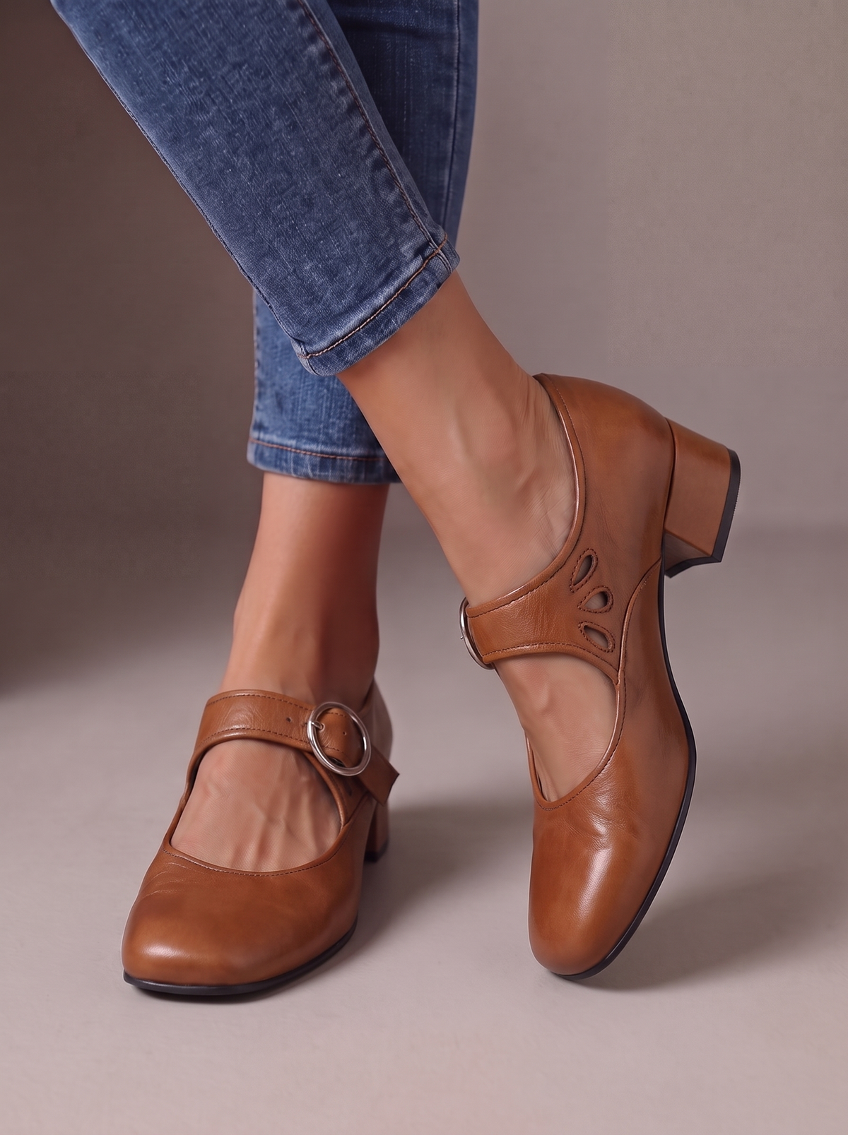 Clarisse | Babies à Talon Bloc Effet Cuir - Cognac