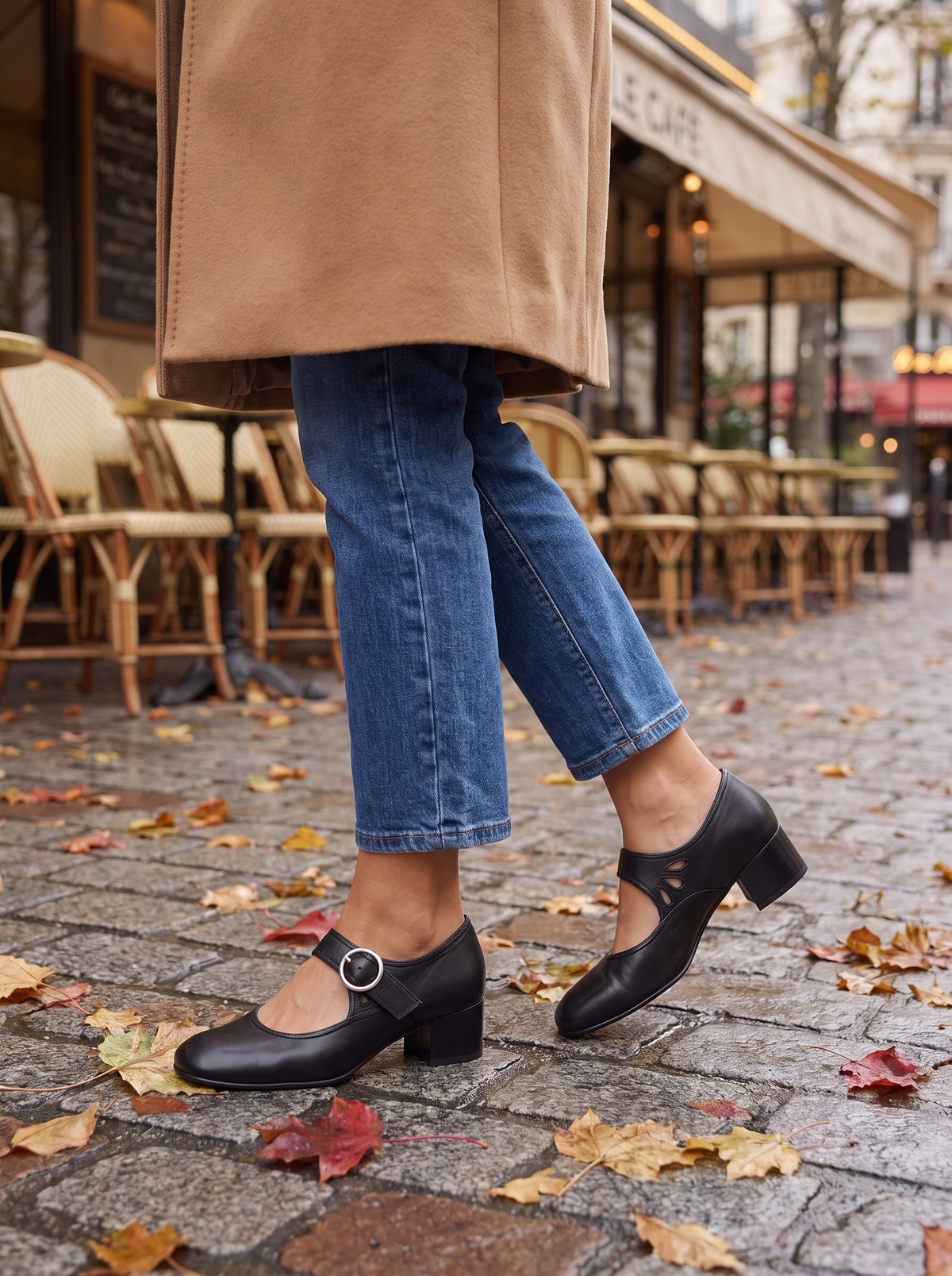 Clarisse | Babies à Talon Bloc Effet Cuir - Noir, dans une rue de Paris