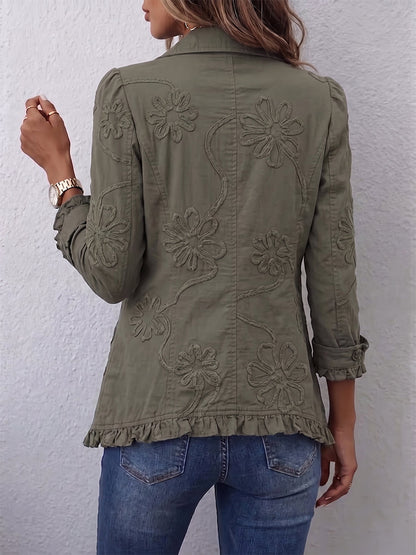 Claudine | Veste Fleurie à Volants - Vert kaki, dos