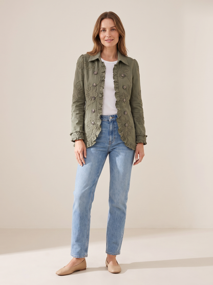 Claudine | Veste Fleurie à Volants - Vert kaki