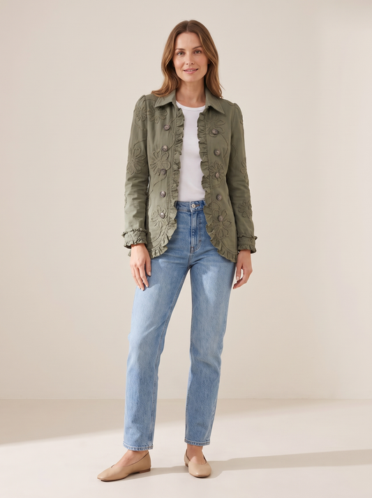 Claudine | Veste Fleurie à Volants - Vert kaki