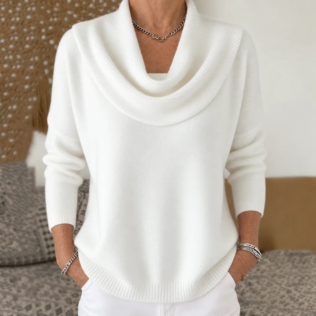 Corinne | Pull en Maille à Col Drapé - Blanc