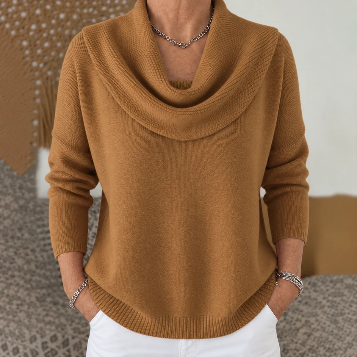 Corinne | Pull en Maille à Col Drapé - Camel