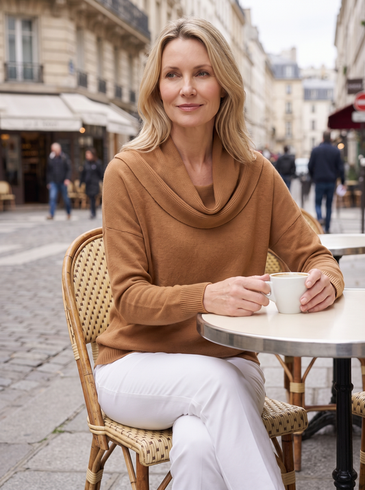 Corinne | Pull en Maille à Col Drapé - Camel