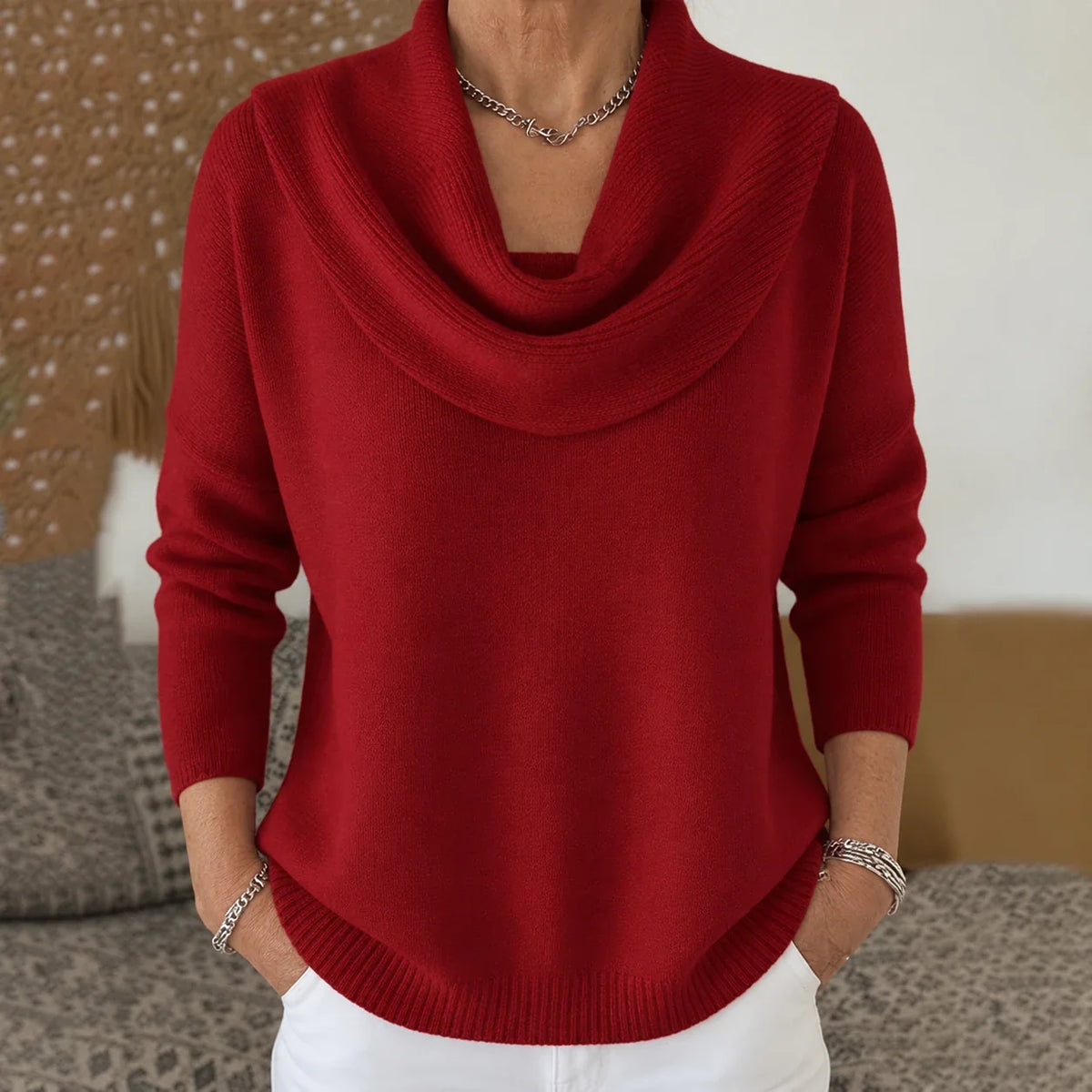 Corinne | Pull en Maille à Col Drapé - Rouge