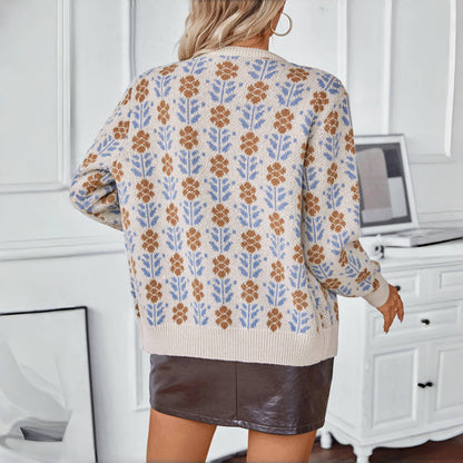 Cardigan Tricoté à Fleurs Vintage