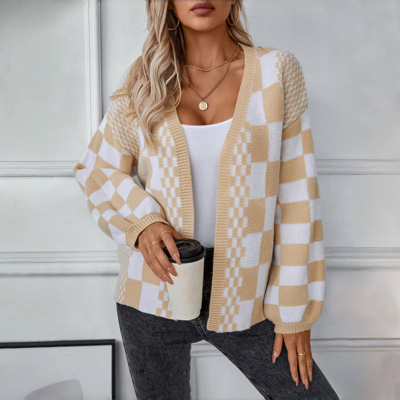 Nathalie | Cardigan Tricoté Décontracté à Carreaux