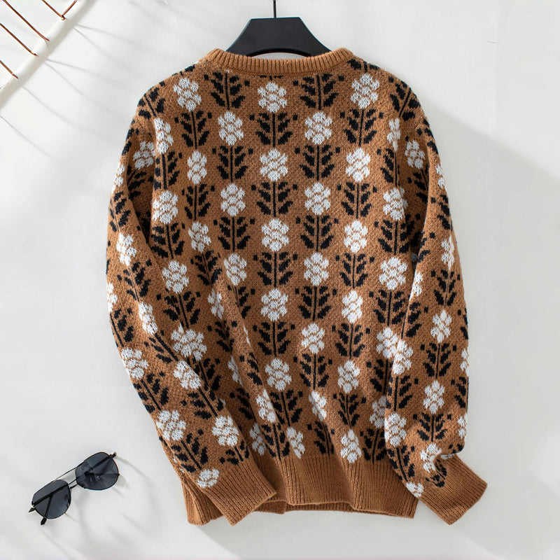Cardigan Tricoté à Fleurs Vintage