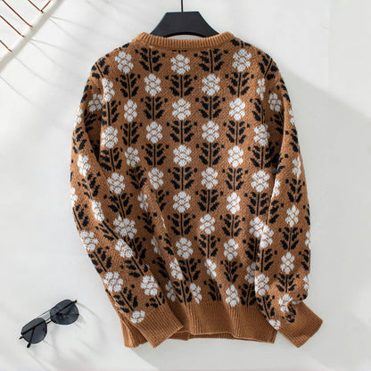 Cardigan Tricoté à Fleurs Vintage