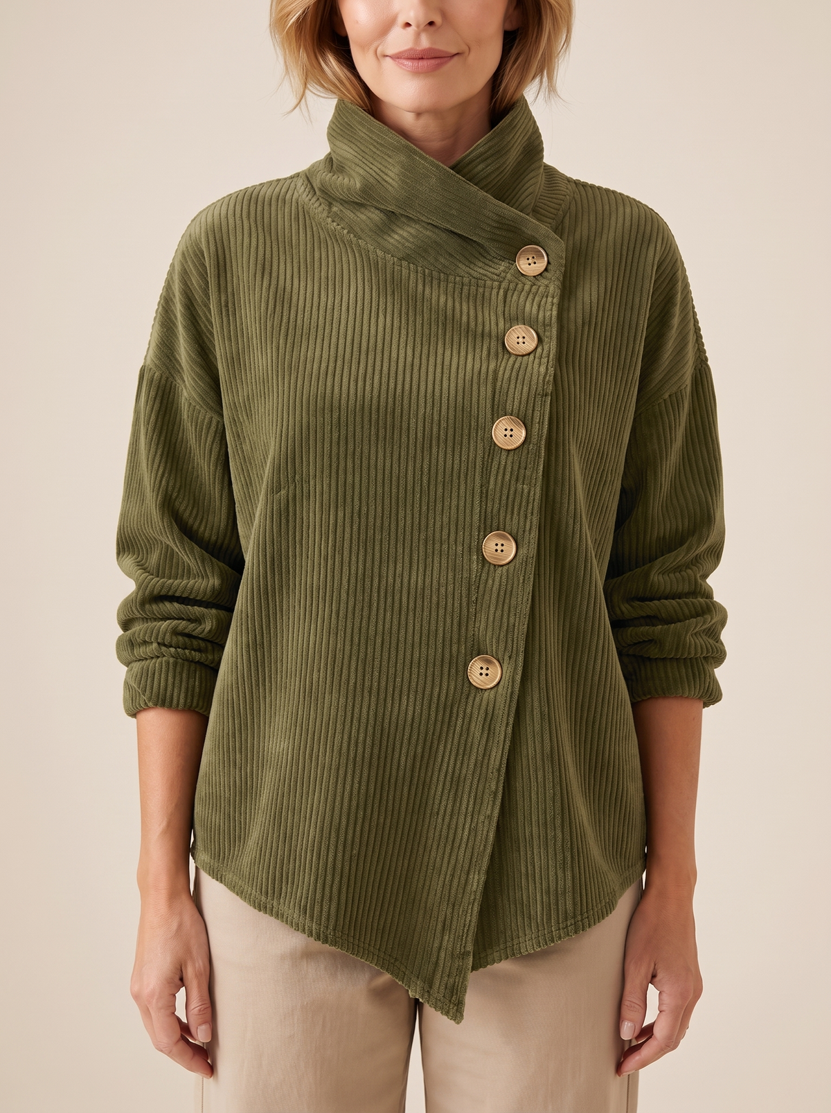 Eugénie | Pull en Velours Côtelé à Col Montant - Vert olive