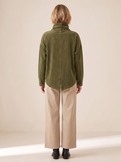 Eugénie | Pull en Velours Côtelé à Col Montant - Vert olive