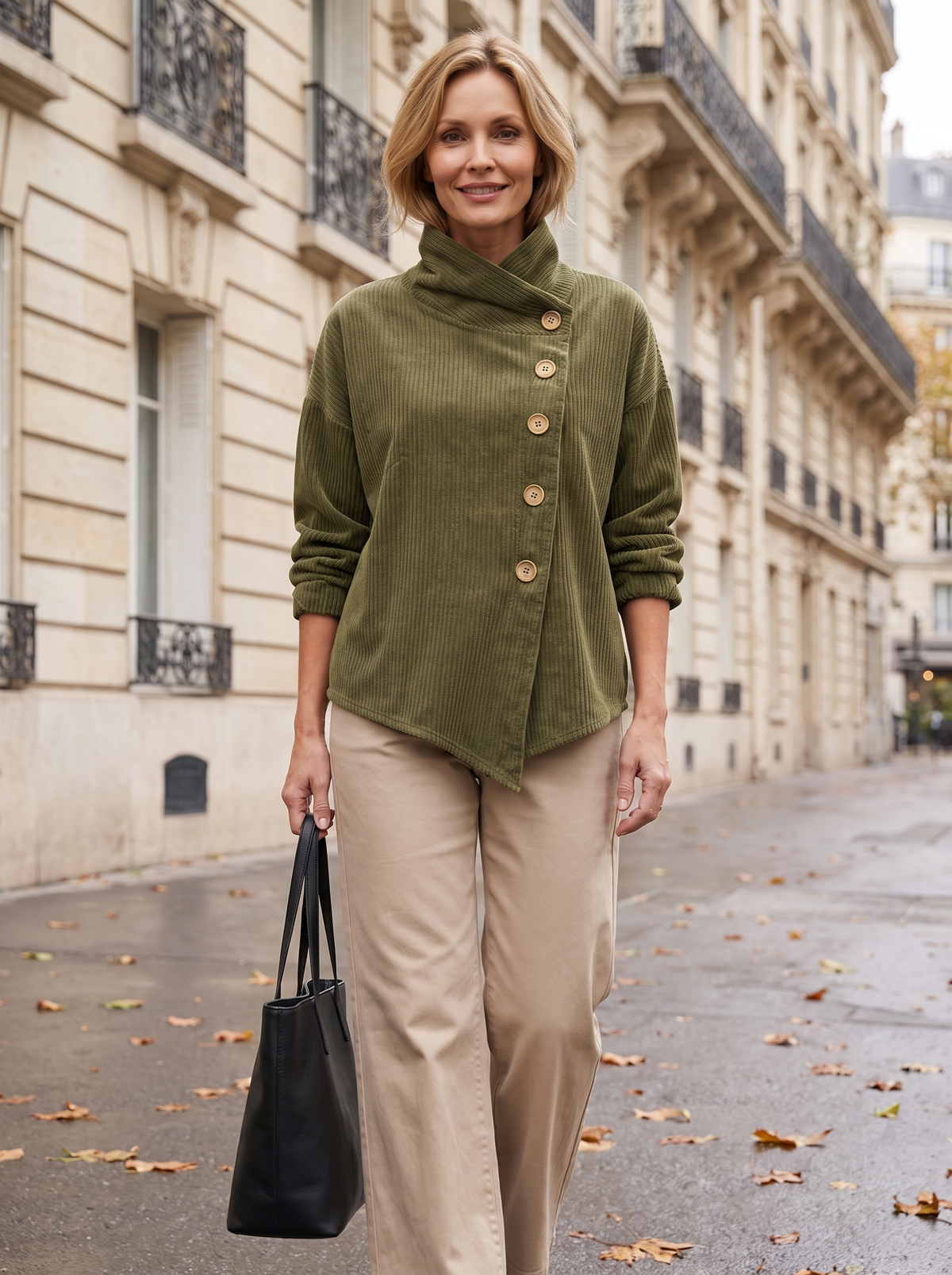 Eugénie | Pull en Velours Côtelé à Col Montant - Vert olive