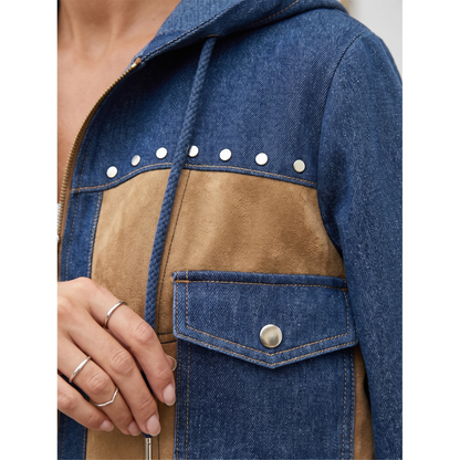 Gisèle | Veste à Capuche Bi-Matière Effet Jean et Suédine - détail des clous et de la poche