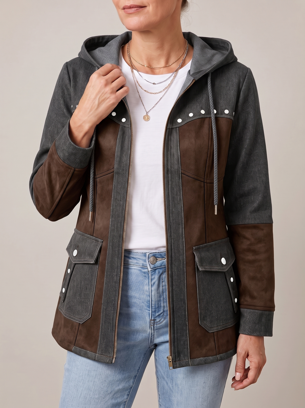 Gisèle | Veste à Capuche Bi-Matière Effet Jean et Suédine - Gris et chocolat