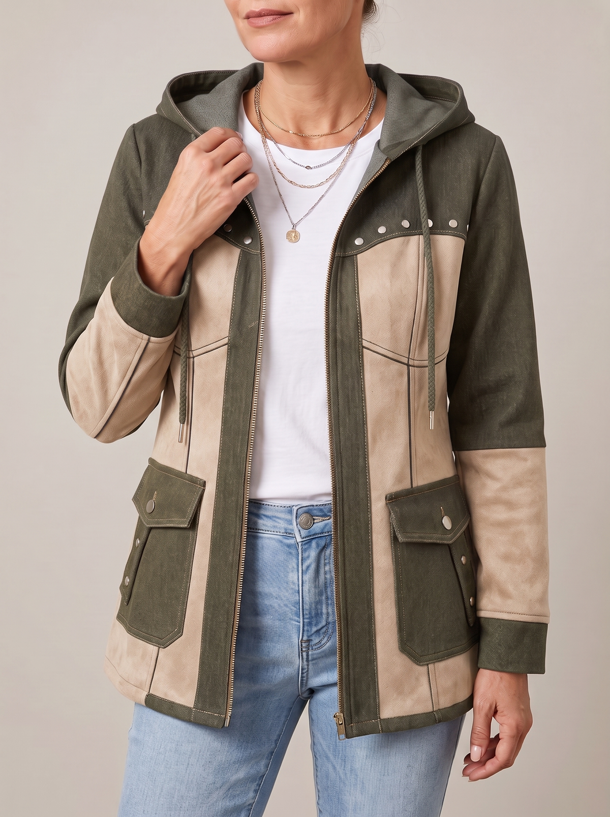 Gisèle | Veste à Capuche Bi-Matière Effet Jean et Suédine - Kaki et beige