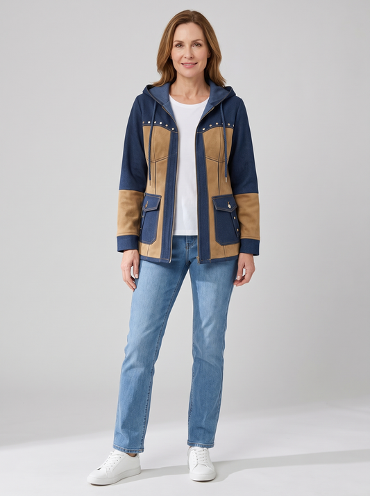 Gisèle | Veste à Capuche Bi-Matière Effet Jean et Suédine - Marine et camel