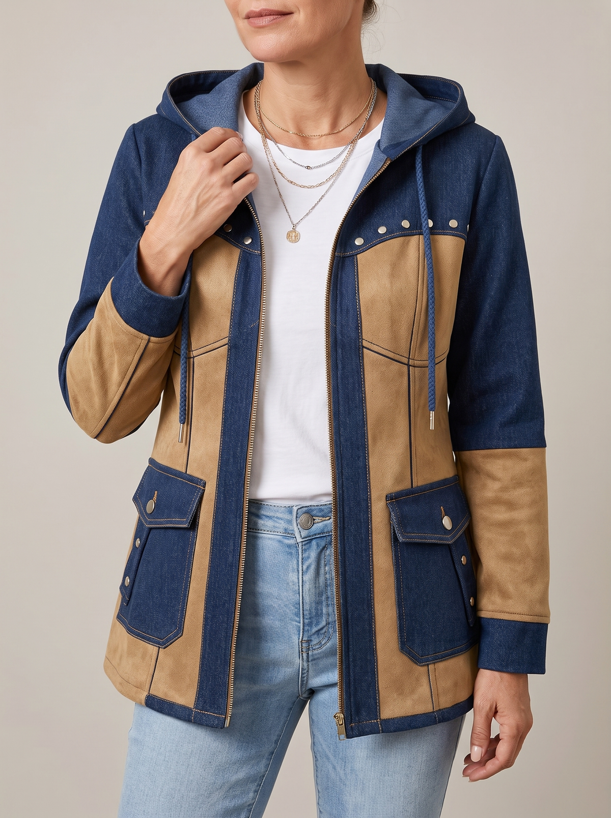 Gisèle | Veste à Capuche Bi-Matière Effet Jean et Suédine - Marine et camel