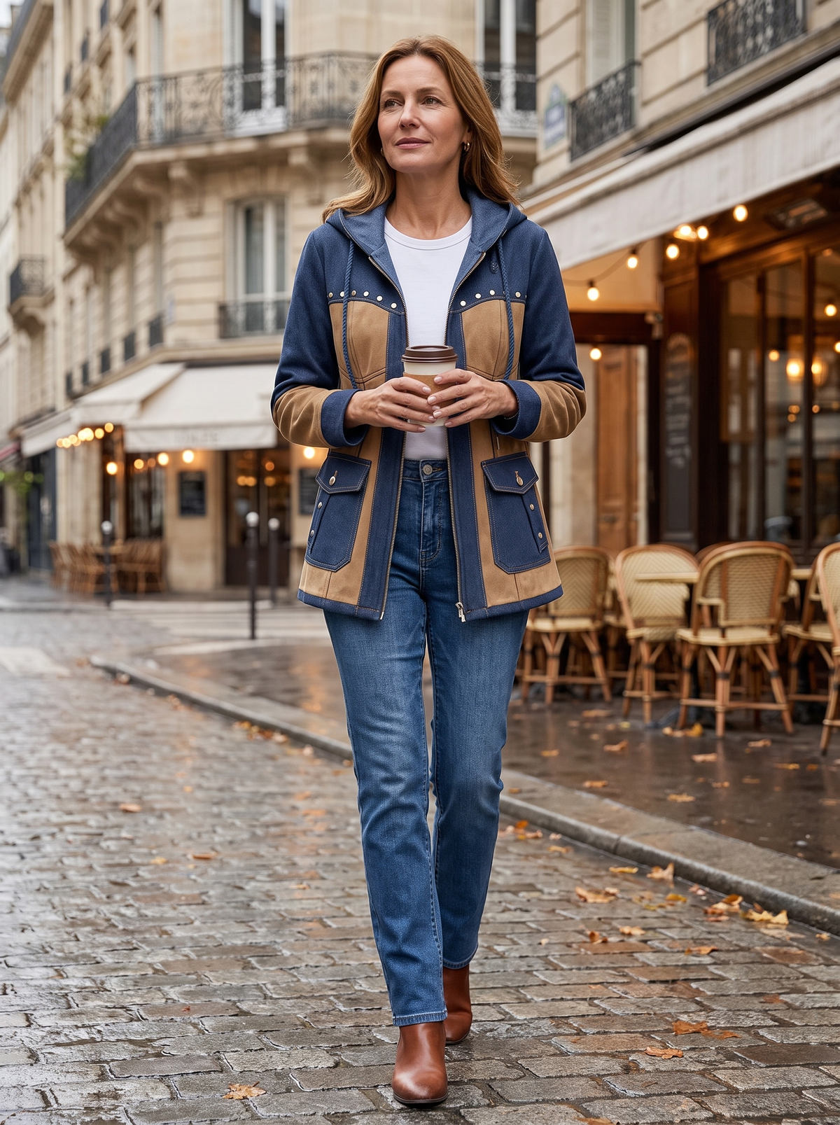 Gisèle | Veste à Capuche Bi-Matière Effet Jean et Suédine - Marine et camel, dans une rue de Paris