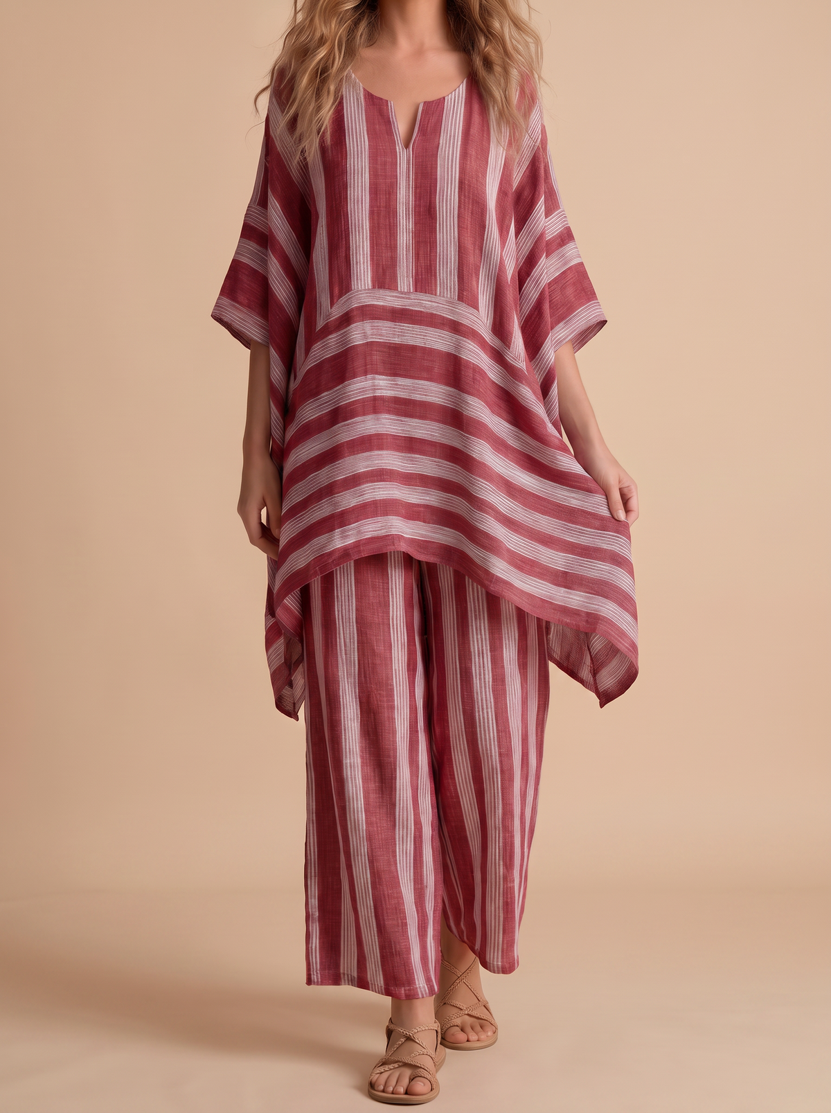 Ensemble Margaux en lin rayé - coloris Rouge