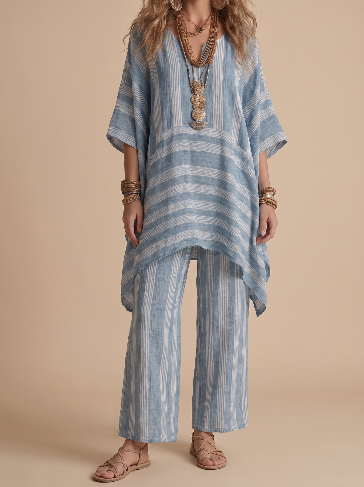 Ensemble Margaux en lin rayé - coloris Bleu
