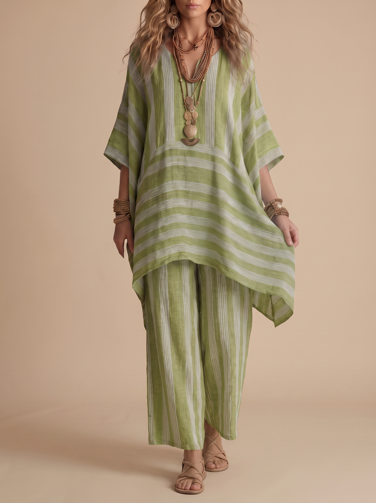 Ensemble Margaux en lin rayé - coloris Vert