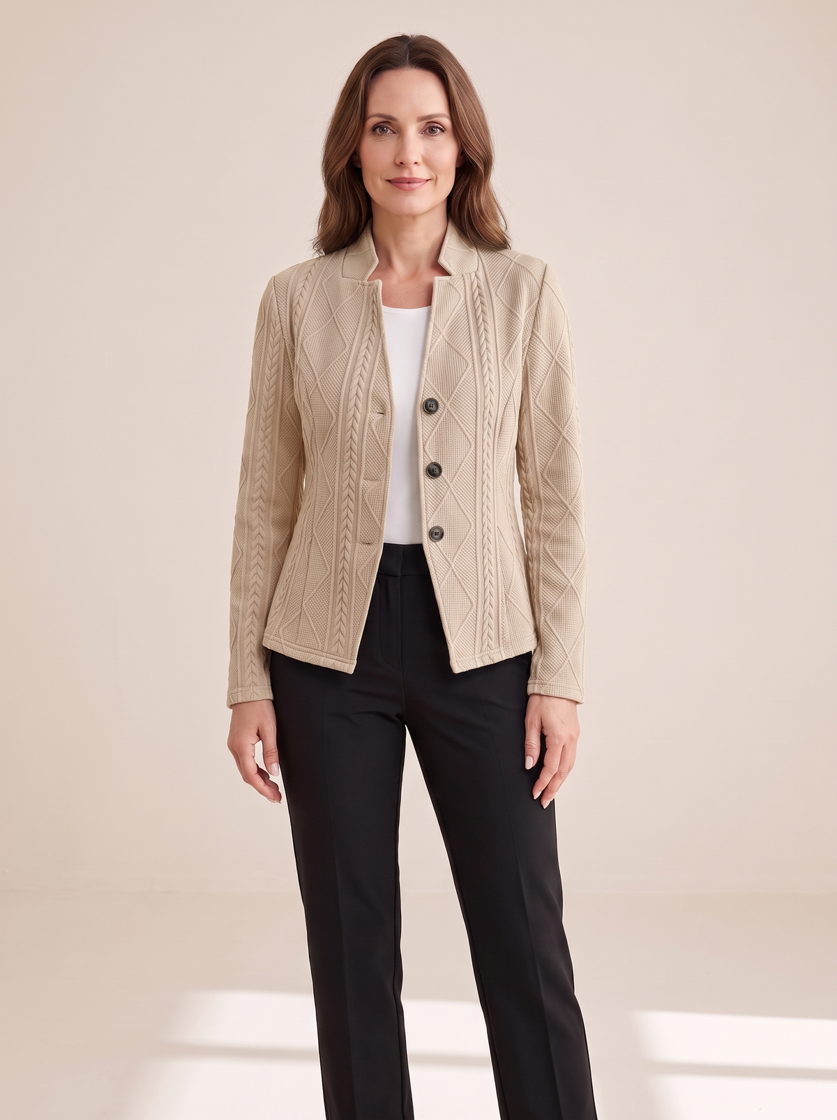 Roxane | Blazer Texturé en Maille à Col Montant - Beige