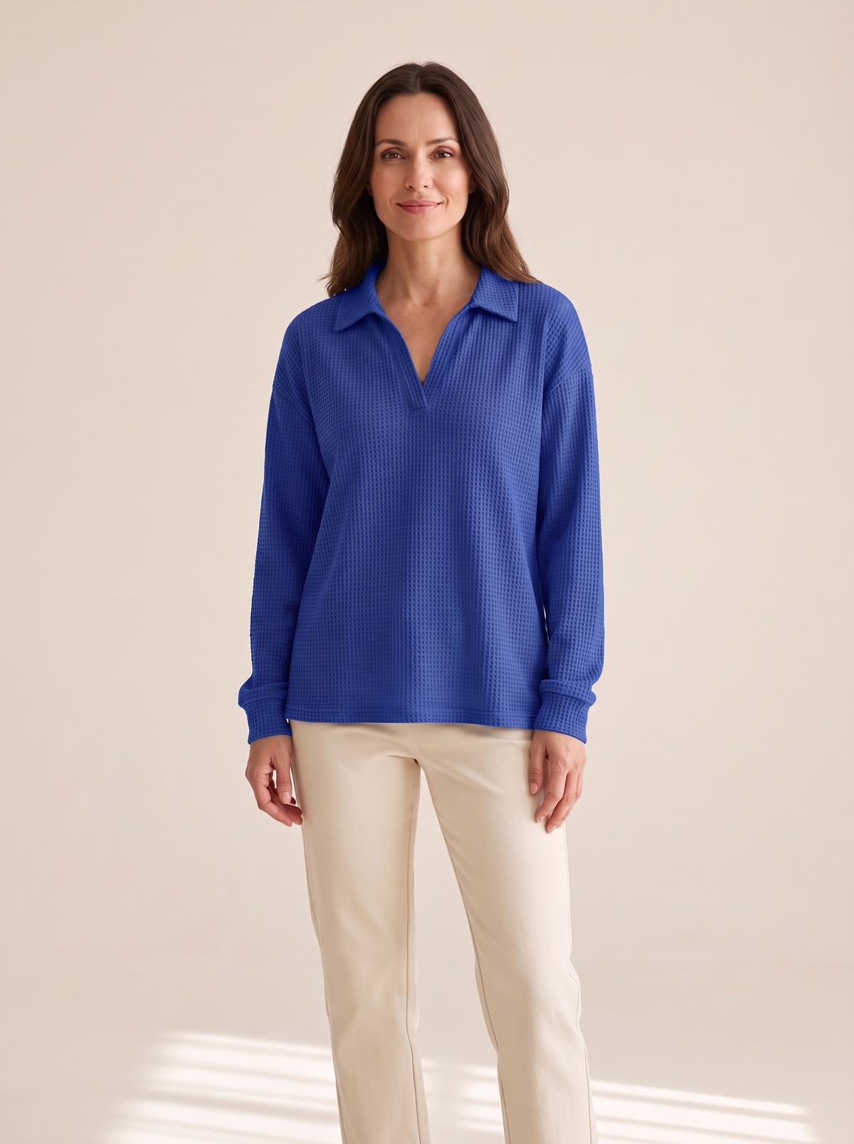 Apolline | Pull en Maille Gaufrée à Col V - Bleu roi