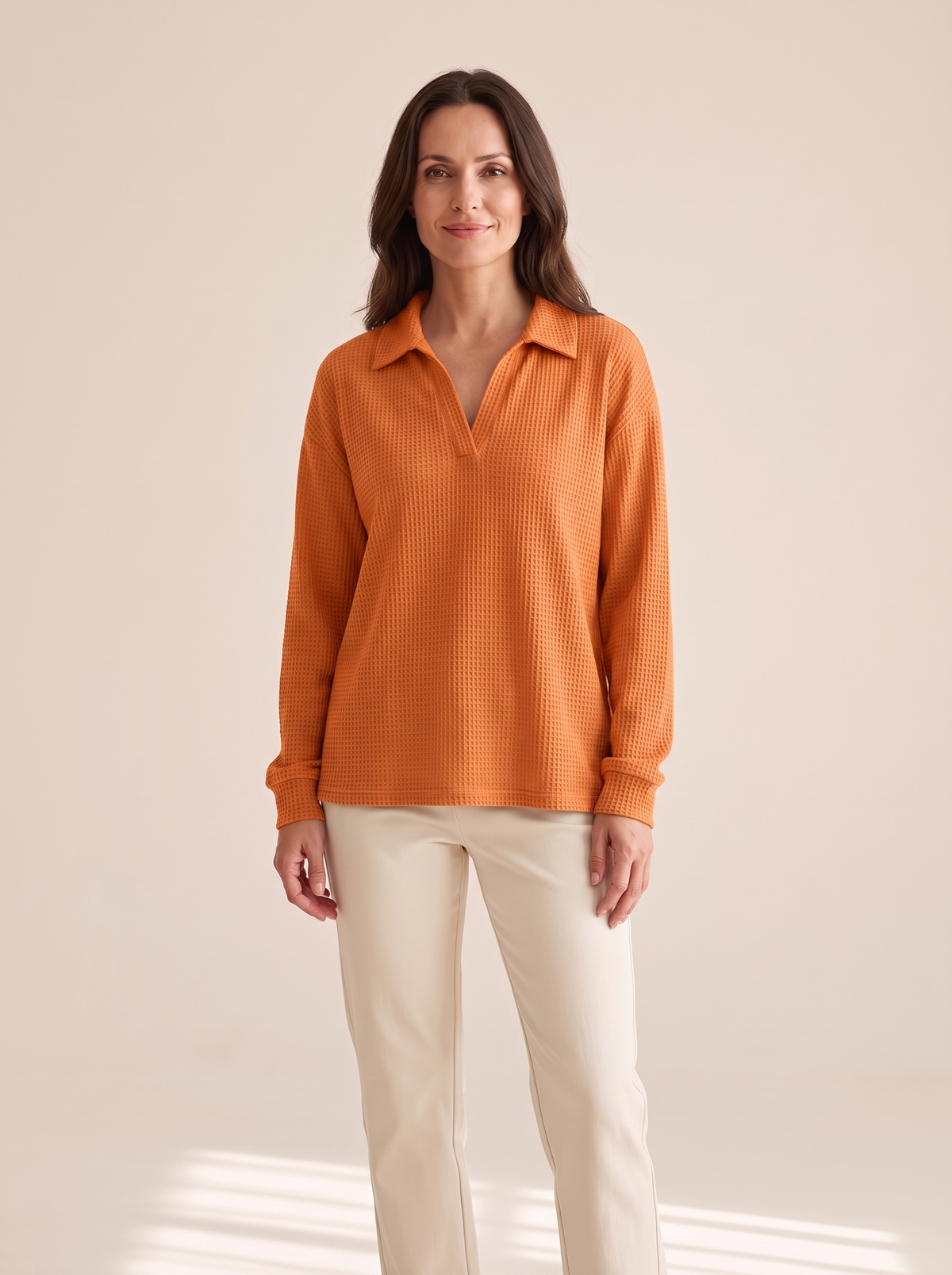 Apolline | Pull en Maille Gaufrée à Col V - Orange