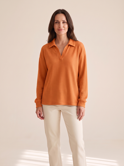 Apolline | Pull en Maille Gaufrée à Col V - Orange