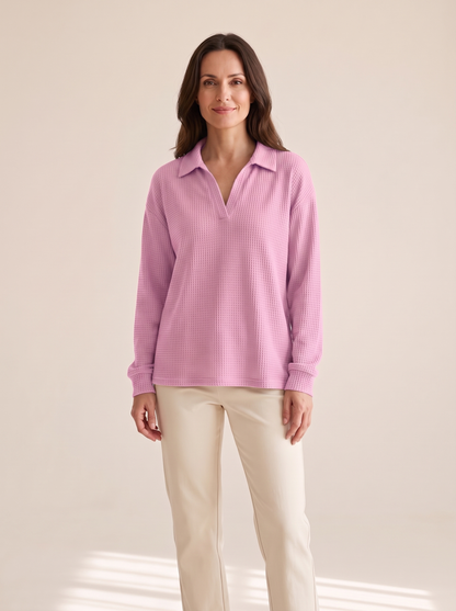 Apolline | Pull en Maille Gaufrée à Col V - Rose