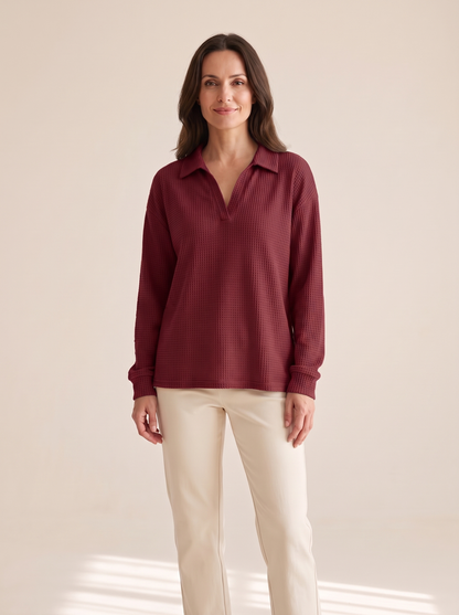 Apolline | Pull en Maille Gaufrée à Col V - Bordeaux