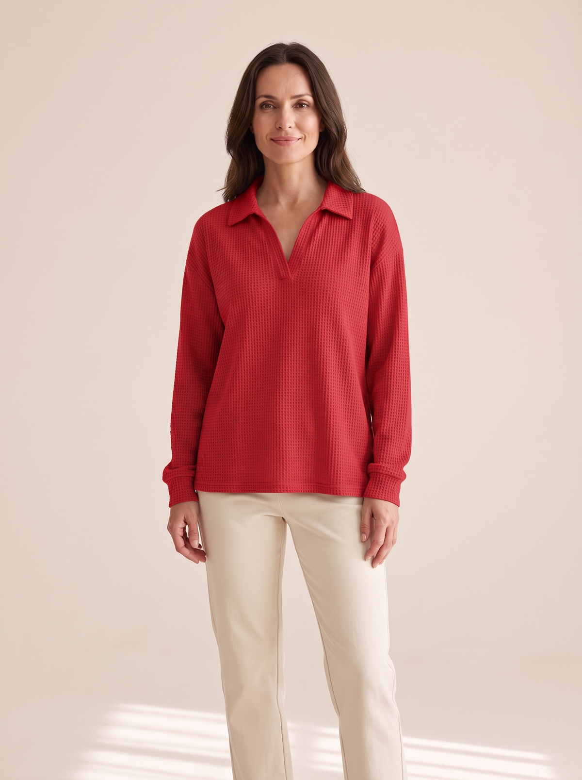 Apolline | Pull en Maille Gaufrée à Col V - Rouge