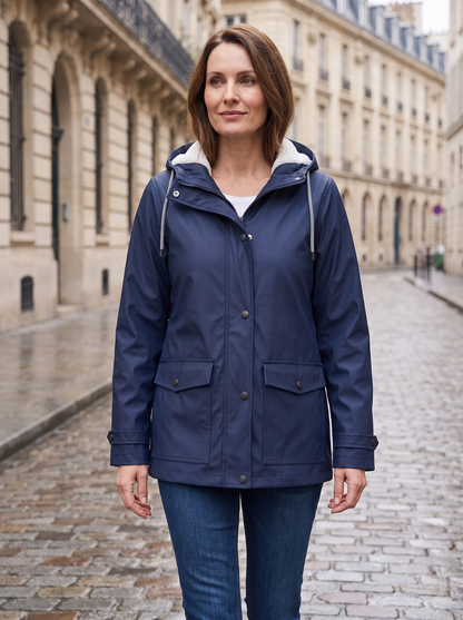 Maud | Veste à Capuche Doublée Polaire - Bleu marine, portée à Paris