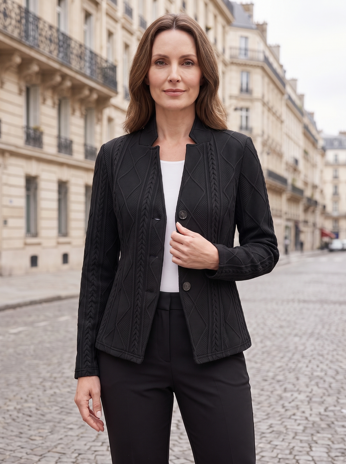 Roxane | Blazer Texturé en Maille à Col Montant - Noir, porté à Paris