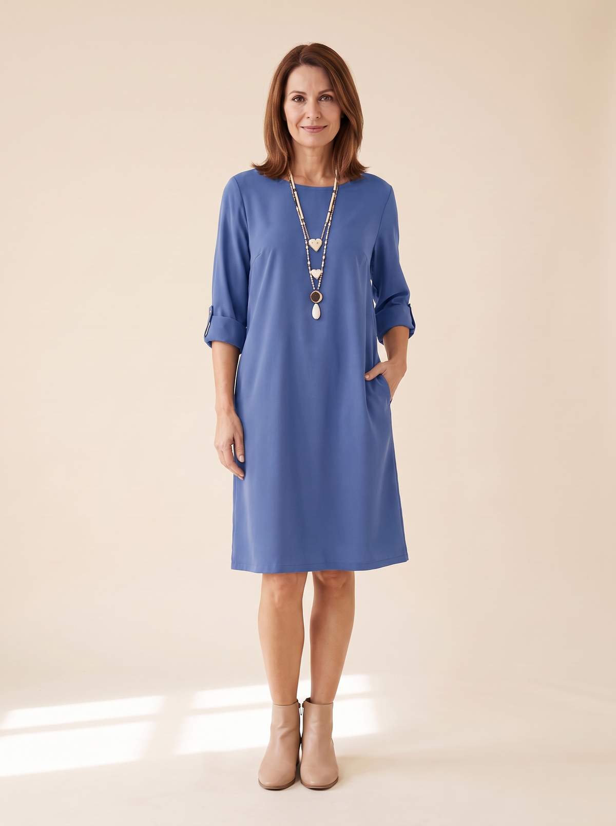 Isaline | Robe Midi Fluide à Manches 3/4 - Bleu